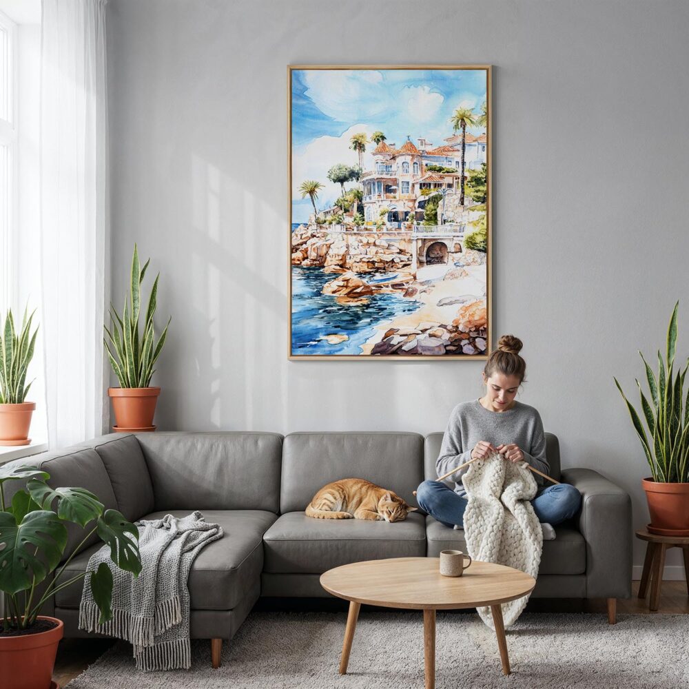 04 - Cascais Portugal Watercolor Canvas Print with Natural Floater Frame - Woman Knitting on grey couch - Vertical.jpg 04 - Cascais Portugal Watercolor Canvas Print with Natural Floater Frame - Woman Knitting on grey couch - Vertical.jpg