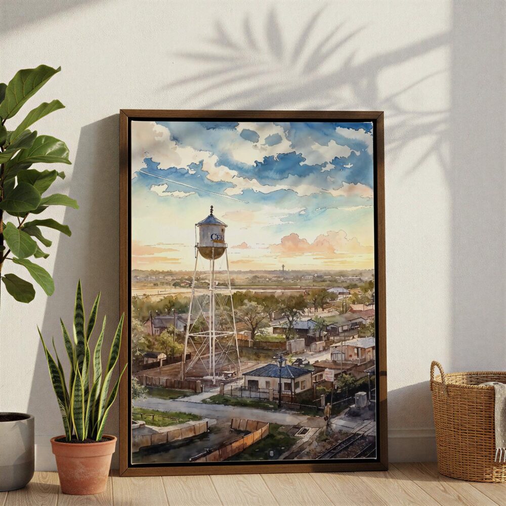 04 - Celina Texas Watercolor Canvas Print with Brown Floater Frame - Standing on Floor - Vertical.jpg 04 - Celina Texas Watercolor Canvas Print with Brown Floater Frame - Standing on Floor - Vertical.jpg