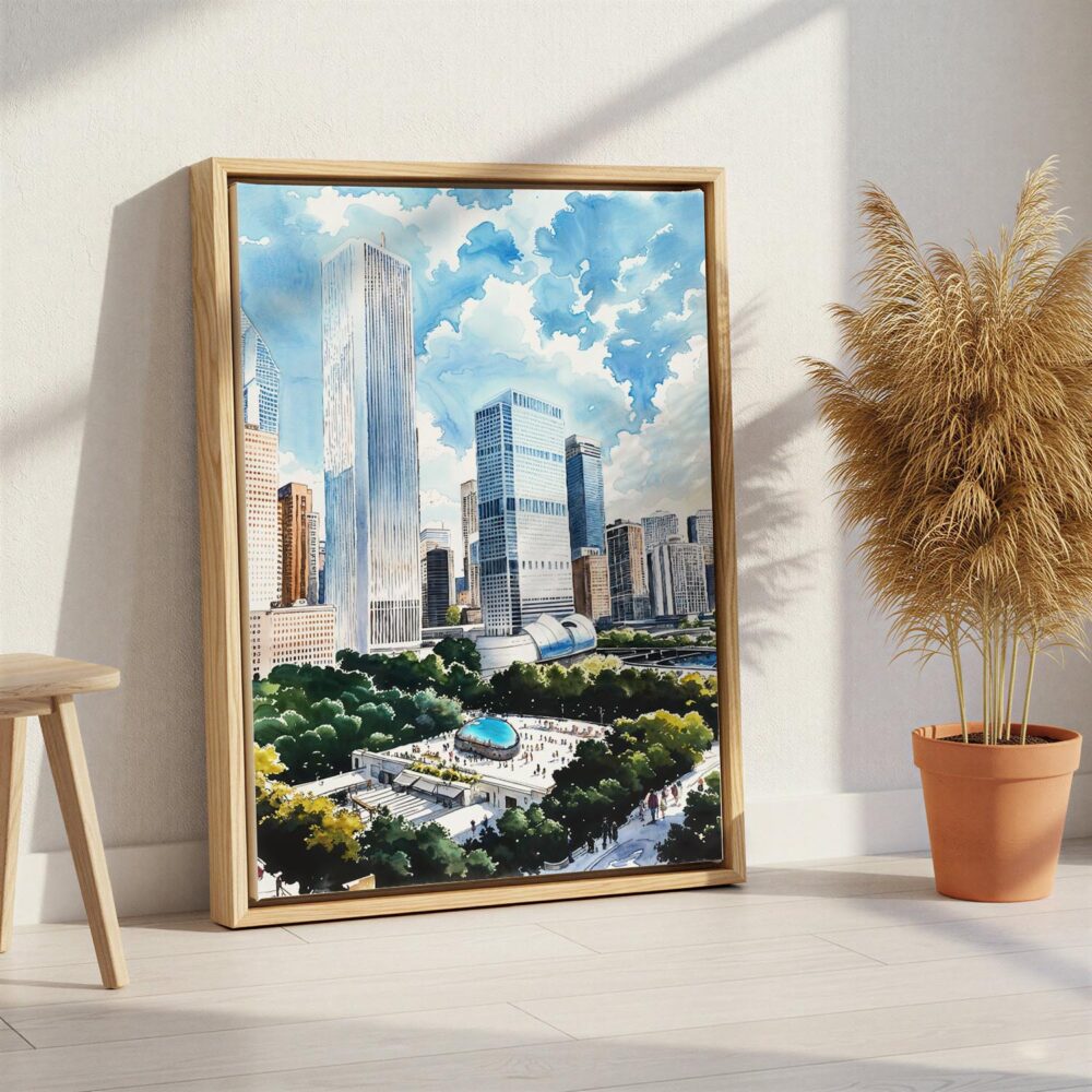 04 - Chicago Millenium Park Watercolor Canvas Print with Natural Floater Frame - Standing on Floor - Vertical.jpg 04 - Chicago Millenium Park Watercolor Canvas Print with Natural Floater Frame - Standing on Floor - Vertical.jpg