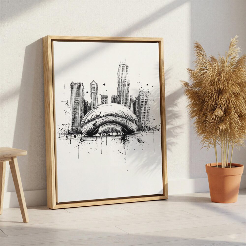 04 - Chicago - The Bean - Pencil Drawing Canvas Print with Natural Floater Frame - Standing on Floor - Vertical.jpg 04 - Chicago - The Bean - Pencil Drawing Canvas Print with Natural Floater Frame - Standing on Floor - Vertical.jpg