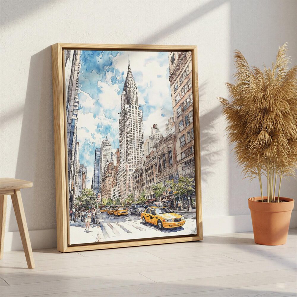 04 - Chrysler Building - Watercolor Canvas Print with Natural Floater Frame - Standing on Floor - Vertical.jpg 04 - Chrysler Building - Watercolor Canvas Print with Natural Floater Frame - Standing on Floor - Vertical.jpg