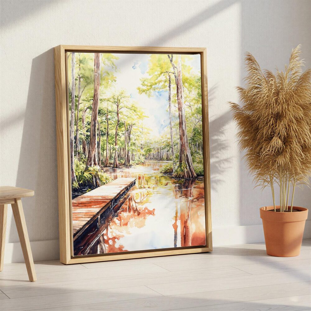 04 - Congaree National Park Watercolor Canvas Print with Natural Floater Frame - Standing on Floor - Vertical.jpg 04 - Congaree National Park Watercolor Canvas Print with Natural Floater Frame - Standing on Floor - Vertical.jpg