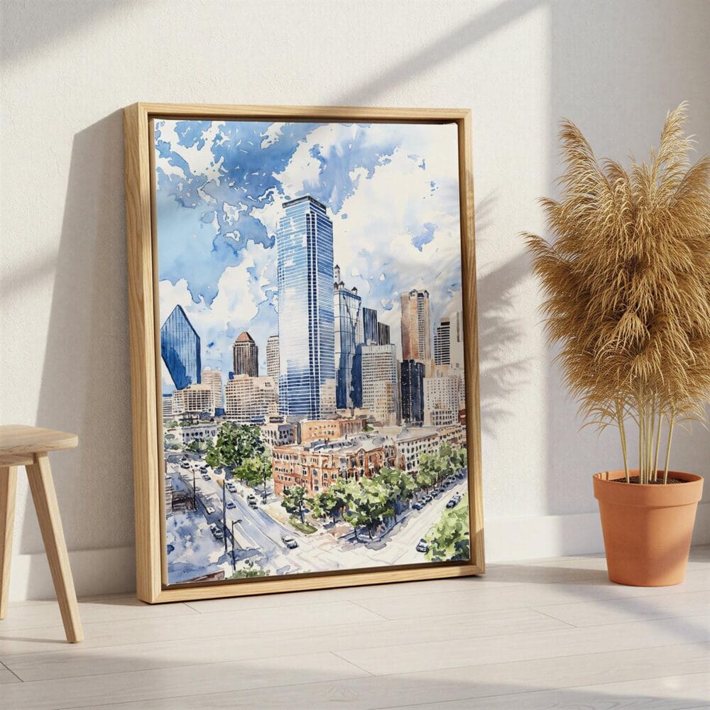 04 - Dallas Texas Watercolor Canvas Print with Natural Floater Frame - Standing on Floor - Vertical.jpg 04 - Dallas Texas Watercolor Canvas Print with Natural Floater Frame - Standing on Floor - Vertical.jpg