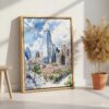 04 - Dallas Texas Watercolor Canvas Print with Natural Floater Frame - Standing on Floor - Vertical.jpg