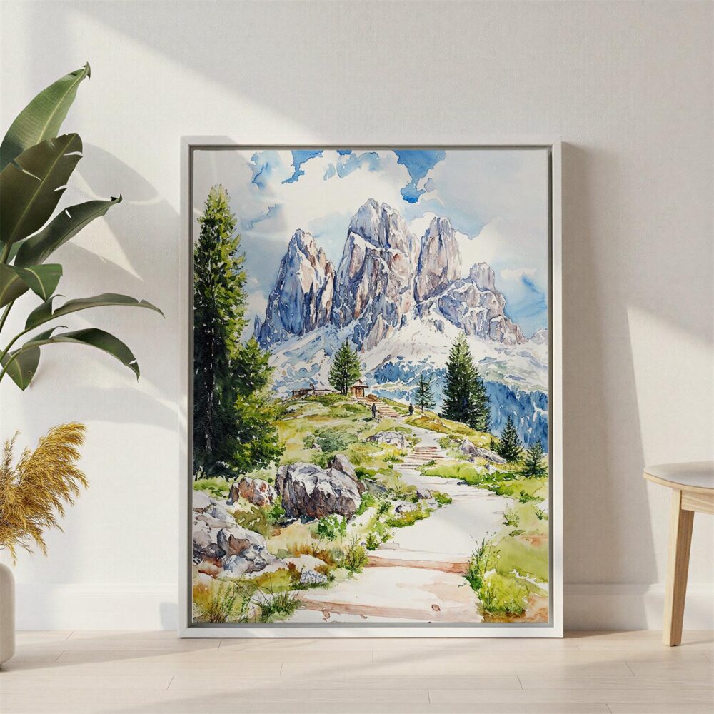 04 - Dolomites Hiking Watercolor Canvas Print with White Floater Frame - Standing on Floor - Vertical.jpg 04 - Dolomites Hiking Watercolor Canvas Print with White Floater Frame - Standing on Floor - Vertical.jpg