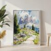 04 - Dolomites Hiking Watercolor Canvas Print with White Floater Frame - Standing on Floor - Vertical.jpg