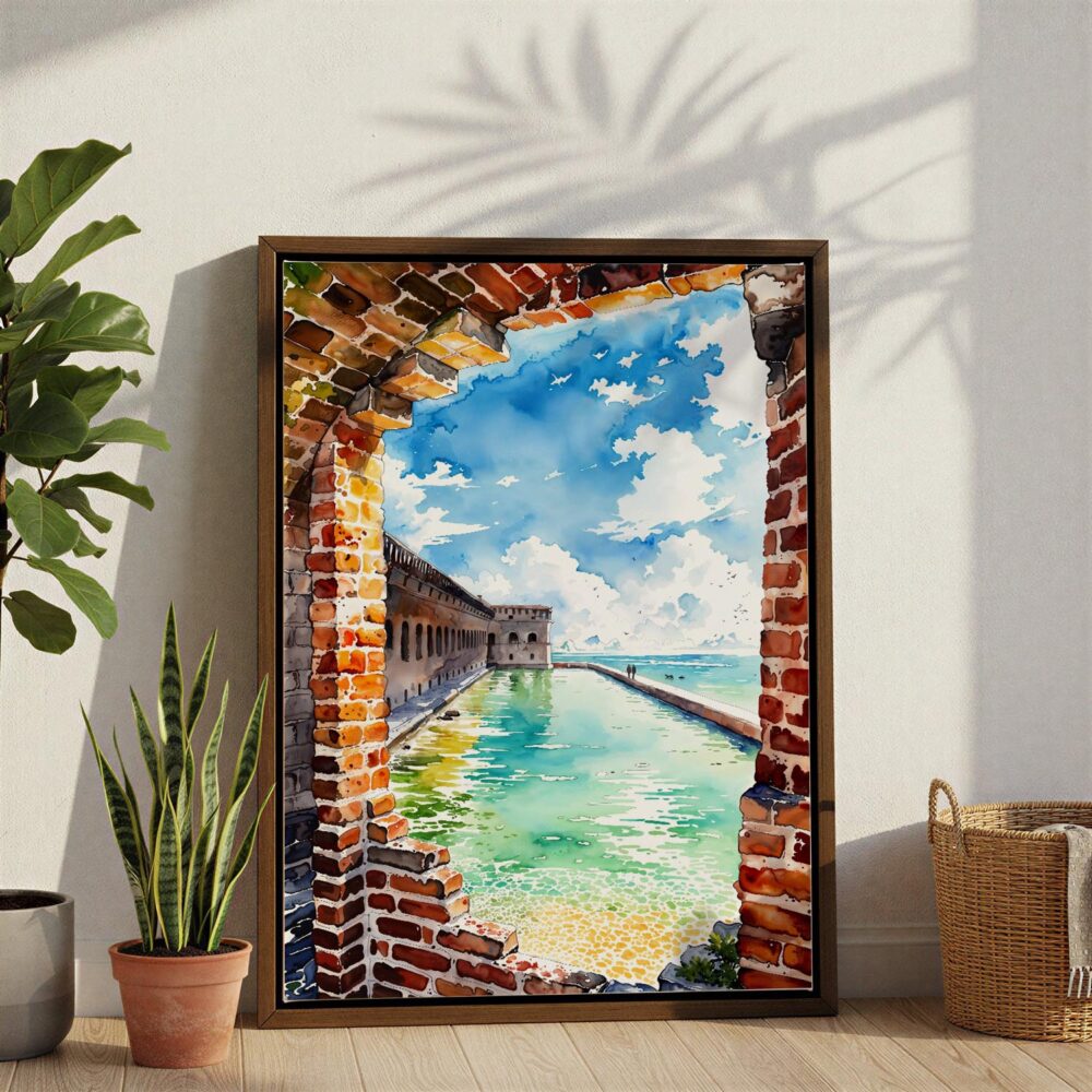 04 - Dry Tortugas National Park Watercolor Canvas Print with Brown Floater Frame - Standing on Floor - Vertical.jpg 04 - Dry Tortugas National Park Watercolor Canvas Print with Brown Floater Frame - Standing on Floor - Vertical.jpg