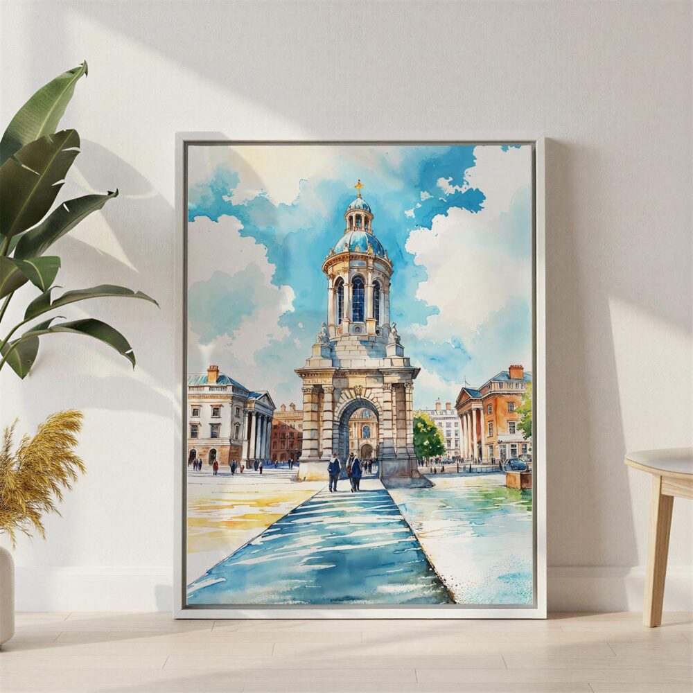 04 - Dublin Trinity College Watercolor Canvas Print with White Floater Frame - Standing on Floor - Vertical.jpg 04 - Dublin Trinity College Watercolor Canvas Print with White Floater Frame - Standing on Floor - Vertical.jpg
