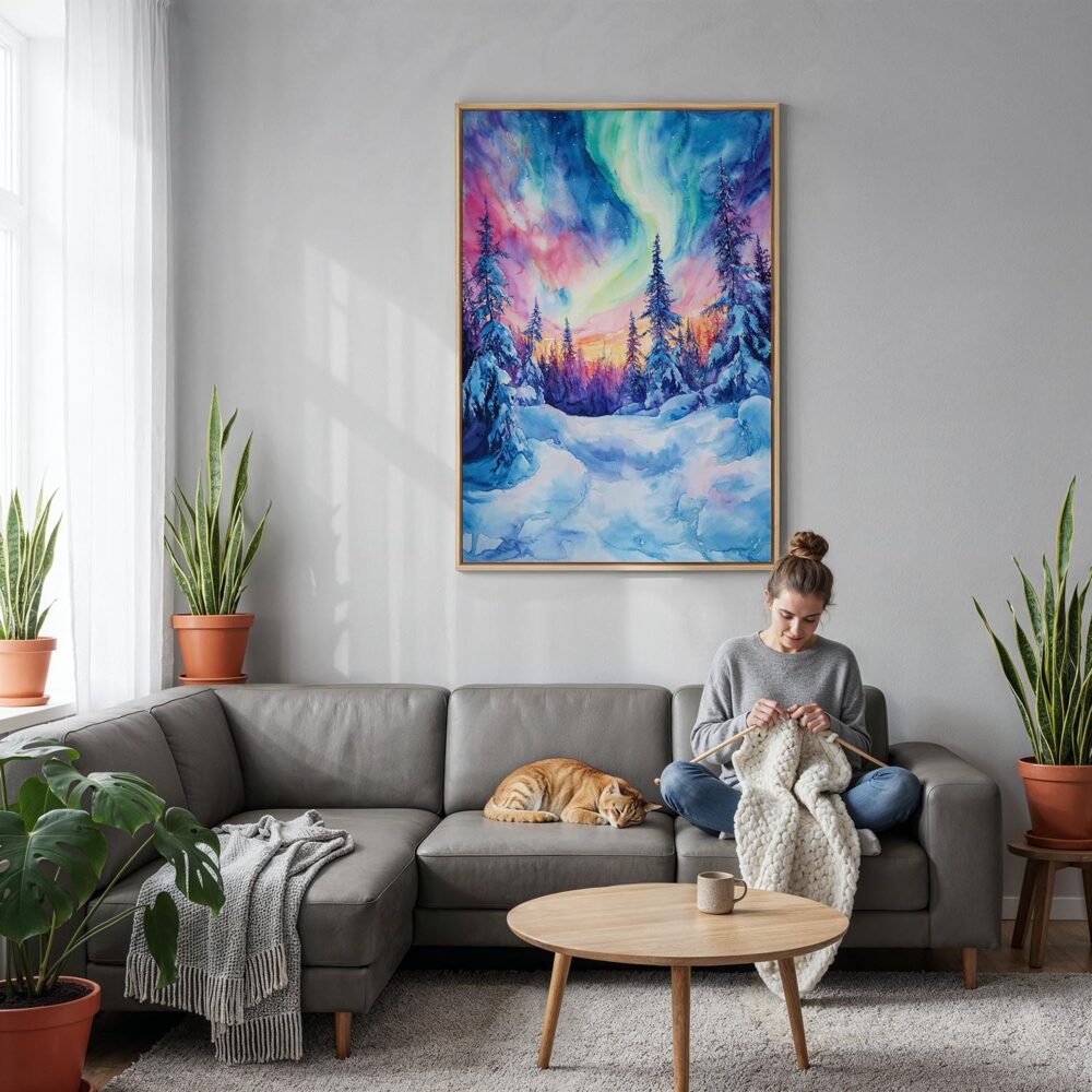 04 - Fairbanks Northern Lights watercolor Canvas Print with Natural Floater Frame - Woman Knitting on grey couch - Vertical.jpg 04 - Fairbanks Northern Lights watercolor Canvas Print with Natural Floater Frame - Woman Knitting on grey couch - Vertical.jpg