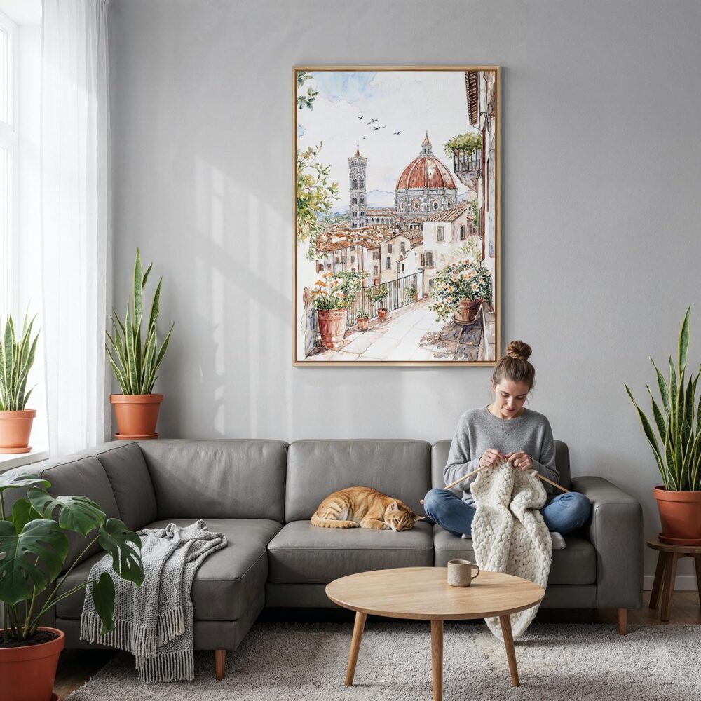 04 - Florence Cathedral - Watercolor Canvas Print with Natural Floater Frame - Woman Knitting on grey couch - Vertical.jpg 04 - Florence Cathedral - Watercolor Canvas Print with Natural Floater Frame - Woman Knitting on grey couch - Vertical.jpg