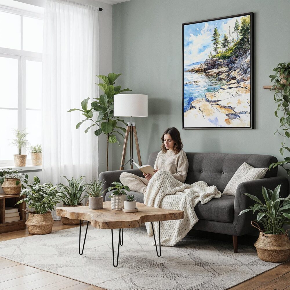 04 - Framed Acadia National Park Watercolor Canvas Print - Woman reading in Boho Living Room - Vertical.jpg 04 - Framed Acadia National Park Watercolor Canvas Print - Woman reading in Boho Living Room - Vertical.jpg