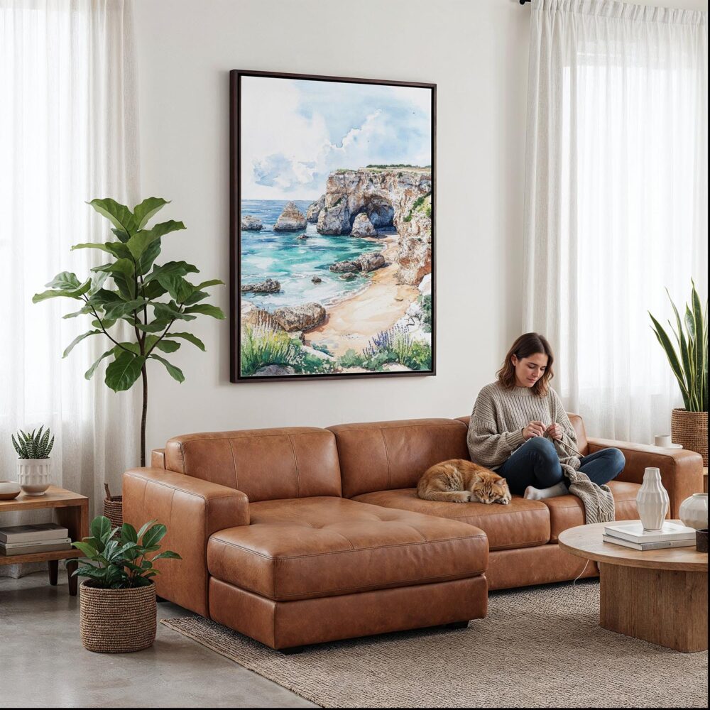 04 - Framed Algarve Portugal Watercolor Canvas Print - Woman Knitting on leather couch - Vertical.jpg 04 - Framed Algarve Portugal Watercolor Canvas Print - Woman Knitting on leather couch - Vertical.jpg