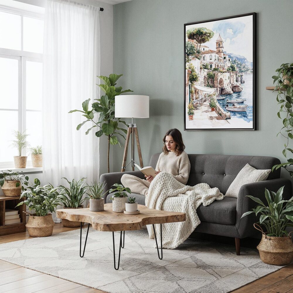 04 - Framed Amalfi - Watercolor Canvas Print - Woman reading in Boho Living Room - Vertical.jpg 04 - Framed Amalfi - Watercolor Canvas Print - Woman reading in Boho Living Room - Vertical.jpg