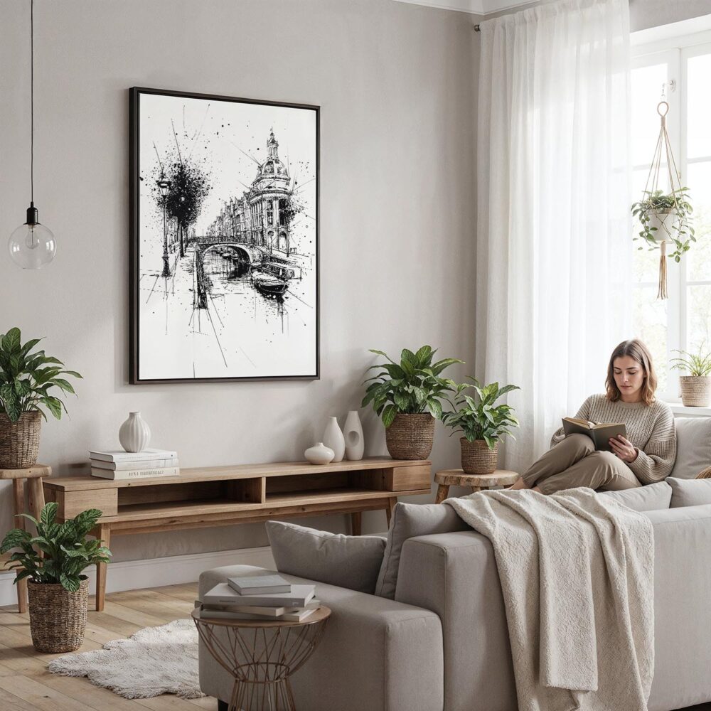 04 - Framed Amsterdam - Pencil Drawing - 2 Canvas Print - Woman reading in modern Living Room - Vertical.jpg 04 - Framed Amsterdam - Pencil Drawing - 2 Canvas Print - Woman reading in modern Living Room - Vertical.jpg