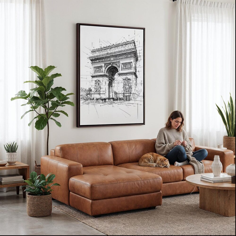 04 - Framed Arc De Triomphe - Pencil Drawing Canvas Print - Woman Knitting on leather couch - Vertical.jpg 04 - Framed Arc De Triomphe - Pencil Drawing Canvas Print - Woman Knitting on leather couch - Vertical.jpg