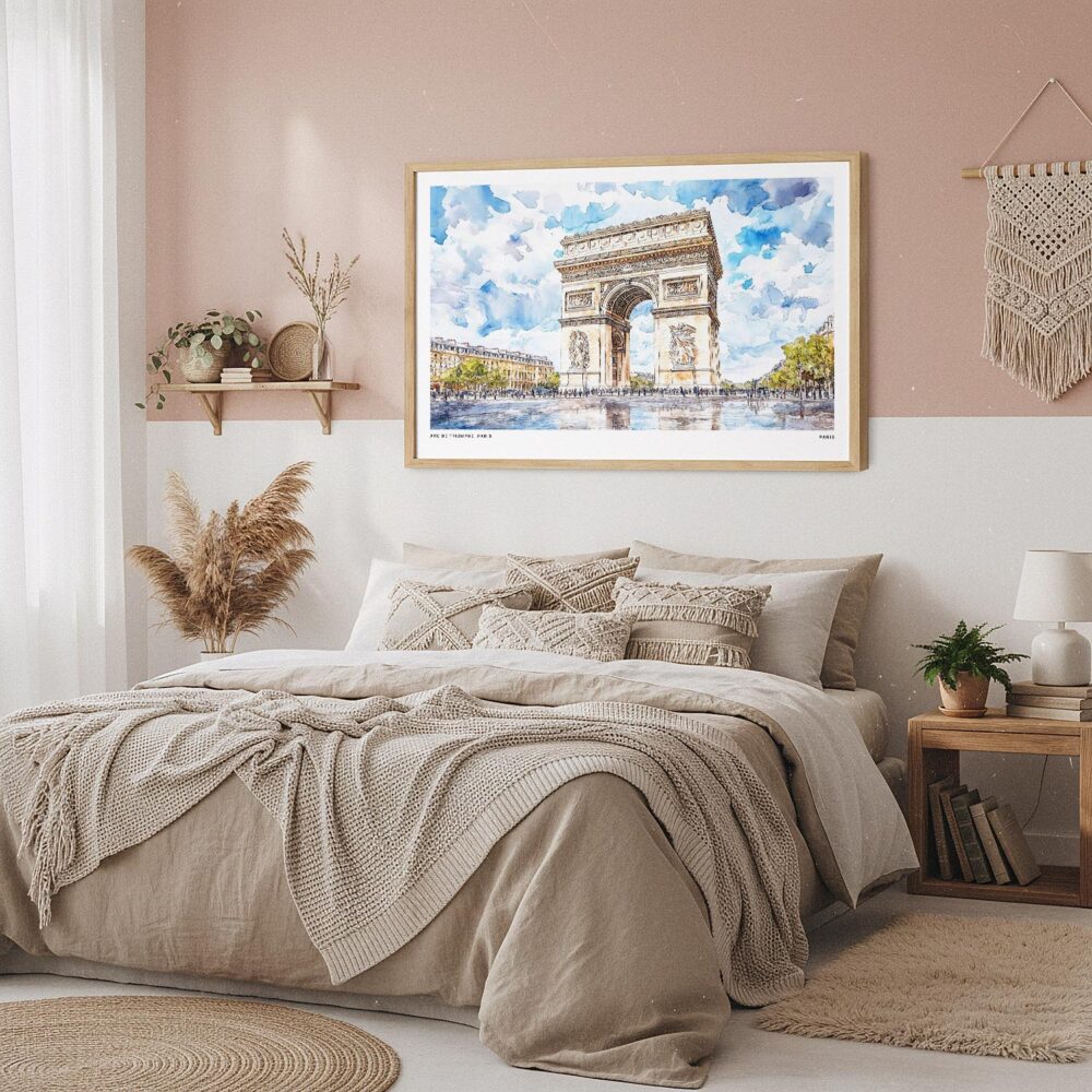 04 - Framed Arc De Triomphe Watercolor - Horizontal Art Print in Boho Bedroom.jpg 04 - Framed Arc De Triomphe Watercolor - Horizontal Art Print in Boho Bedroom.jpg