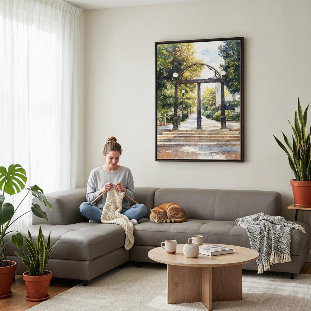 04 - Framed Athes Georgia Arch Watercolor Canvas Print - Woman Knitting on grey couch - Vertical.jpg 04 - Framed Athes Georgia Arch Watercolor Canvas Print - Woman Knitting on grey couch - Vertical.jpg