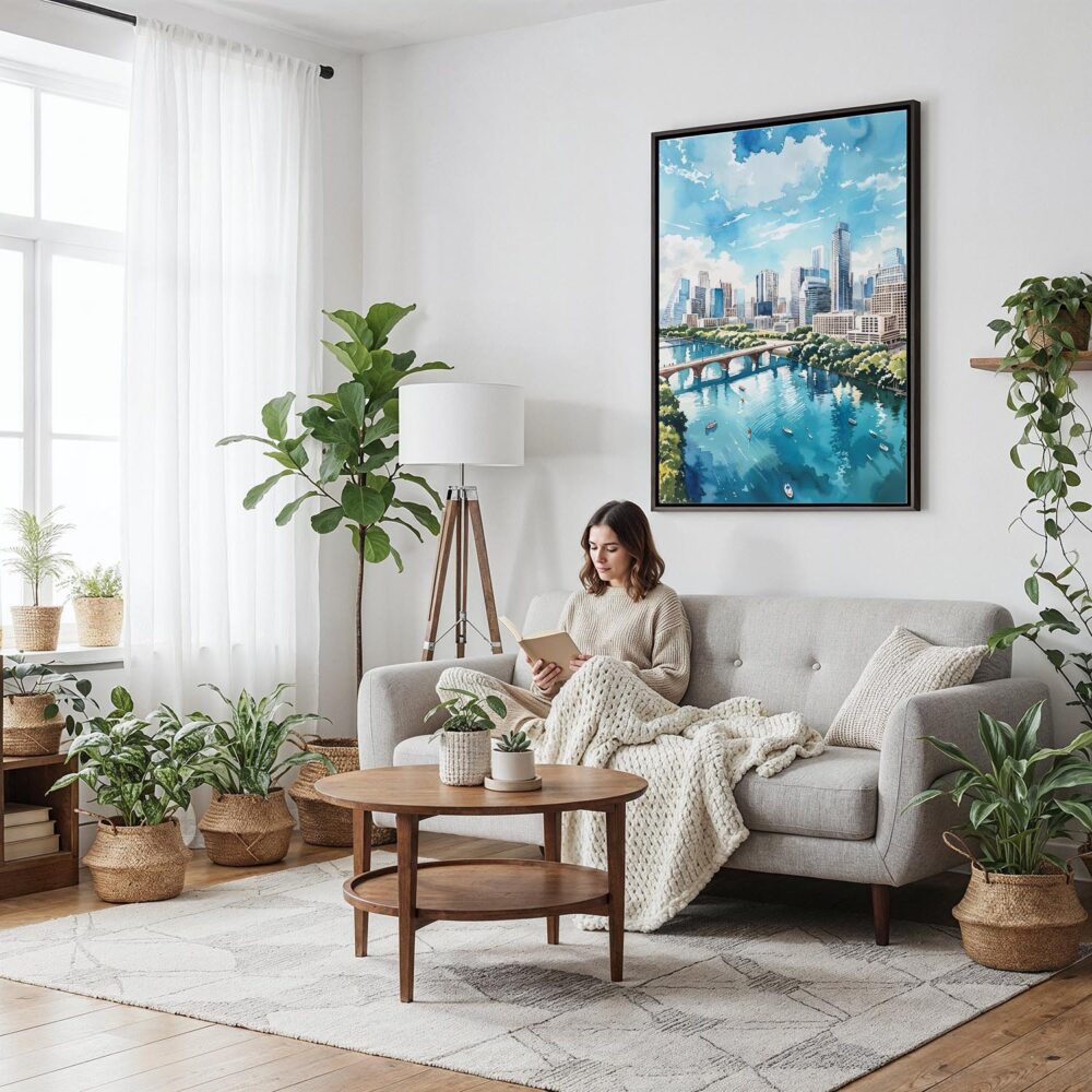 04 - Framed Austin Texas Watercolor Canvas Print - Woman reading on couch - Vertical.jpg 04 - Framed Austin Texas Watercolor Canvas Print - Woman reading on couch - Vertical.jpg