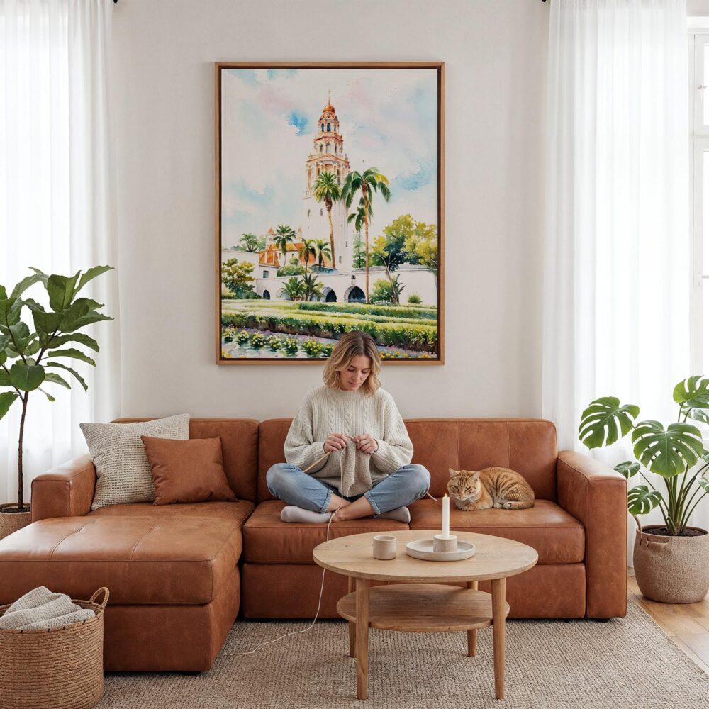 04 - Framed Balboa Park California Tower Watercolor Canvas Print - Woman Knitting - Vertical.jpg 04 - Framed Balboa Park California Tower Watercolor Canvas Print - Woman Knitting - Vertical.jpg