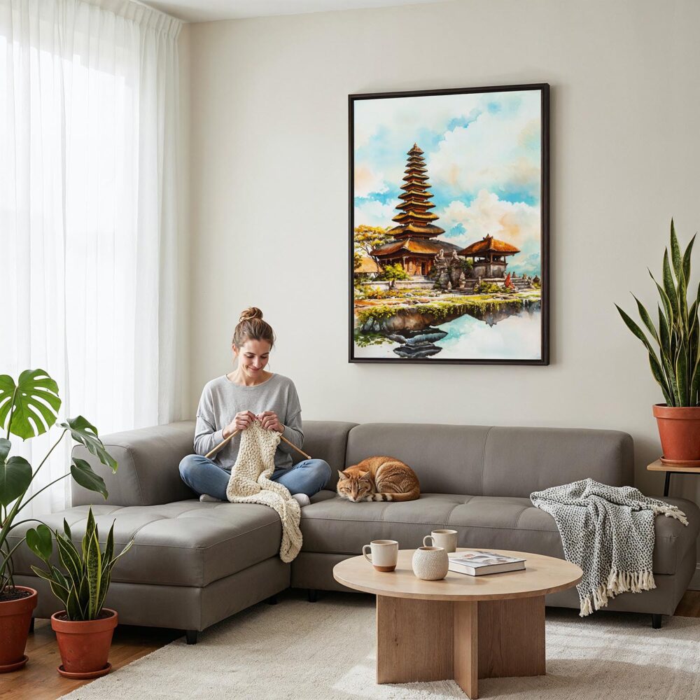 04 - Framed Bali Temple Watercolor Canvas Print - Woman Knitting on grey couch - Vertical.jpg 04 - Framed Bali Temple Watercolor Canvas Print - Woman Knitting on grey couch - Vertical.jpg