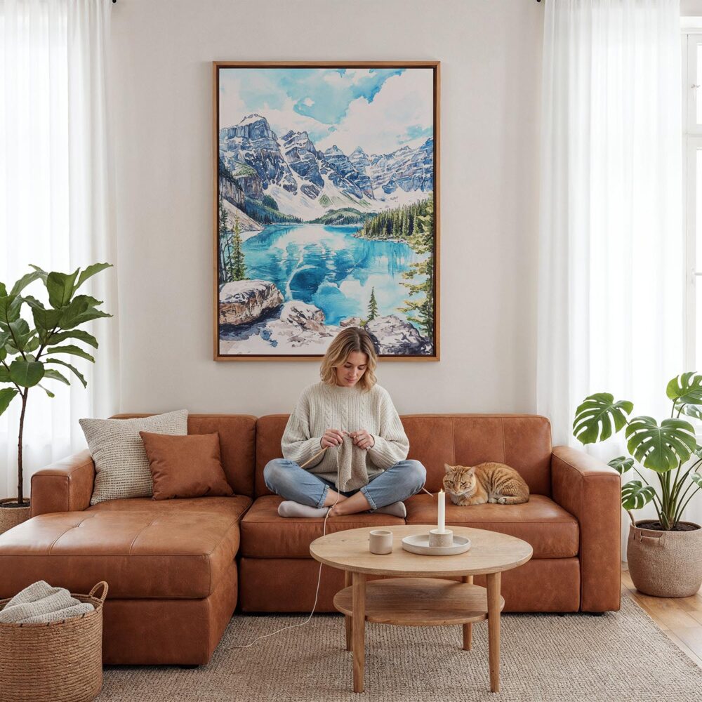 04 - Framed Banff National Park Watercolor Canvas Print - Woman Knitting - Vertical.jpg 04 - Framed Banff National Park Watercolor Canvas Print - Woman Knitting - Vertical.jpg