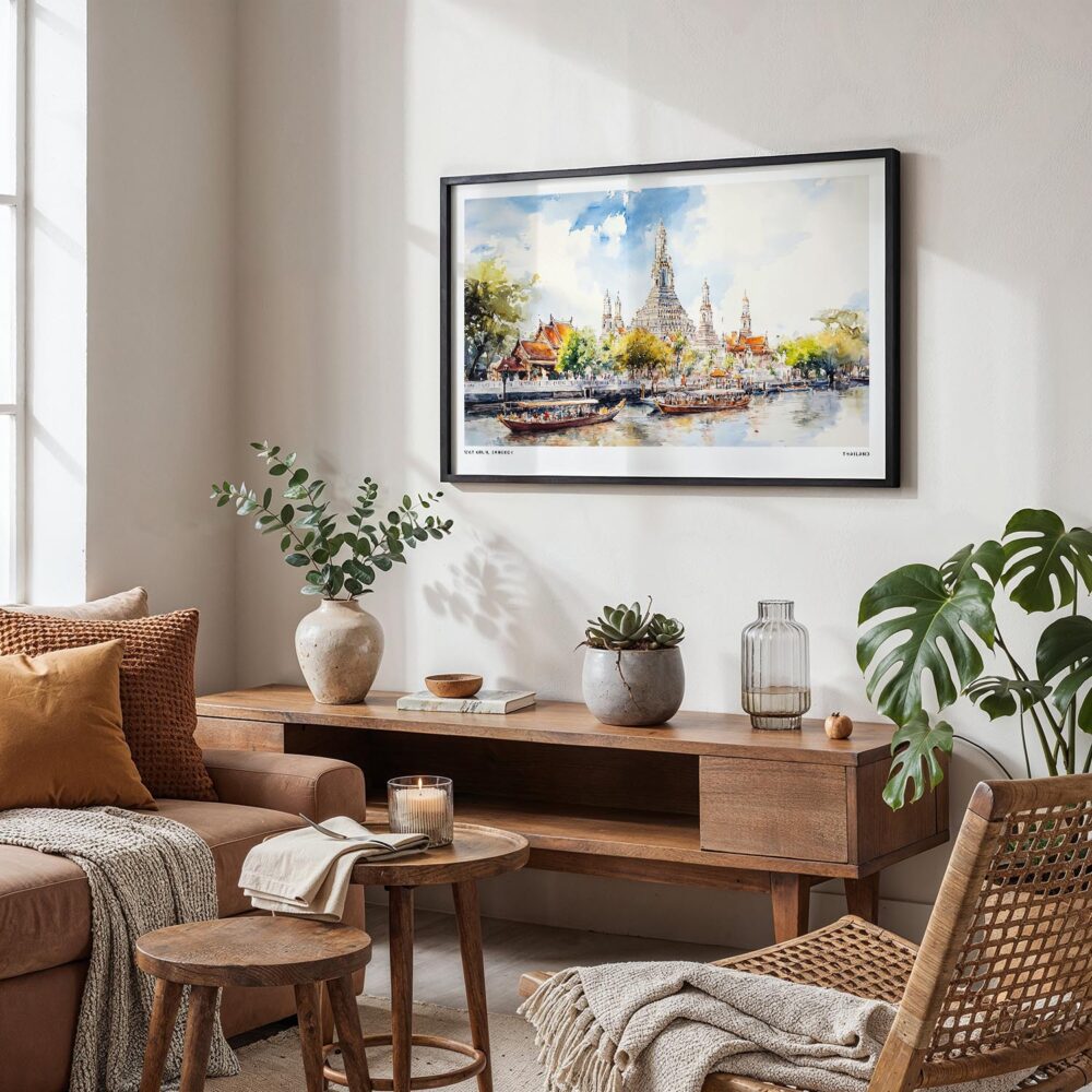 04 - Framed Bangkok Wat Arun Temple of Dawn Watercolor - Horizontal Art Print in Boho Living Room.jpg 04 - Framed Bangkok Wat Arun Temple of Dawn Watercolor - Horizontal Art Print in Boho Living Room.jpg