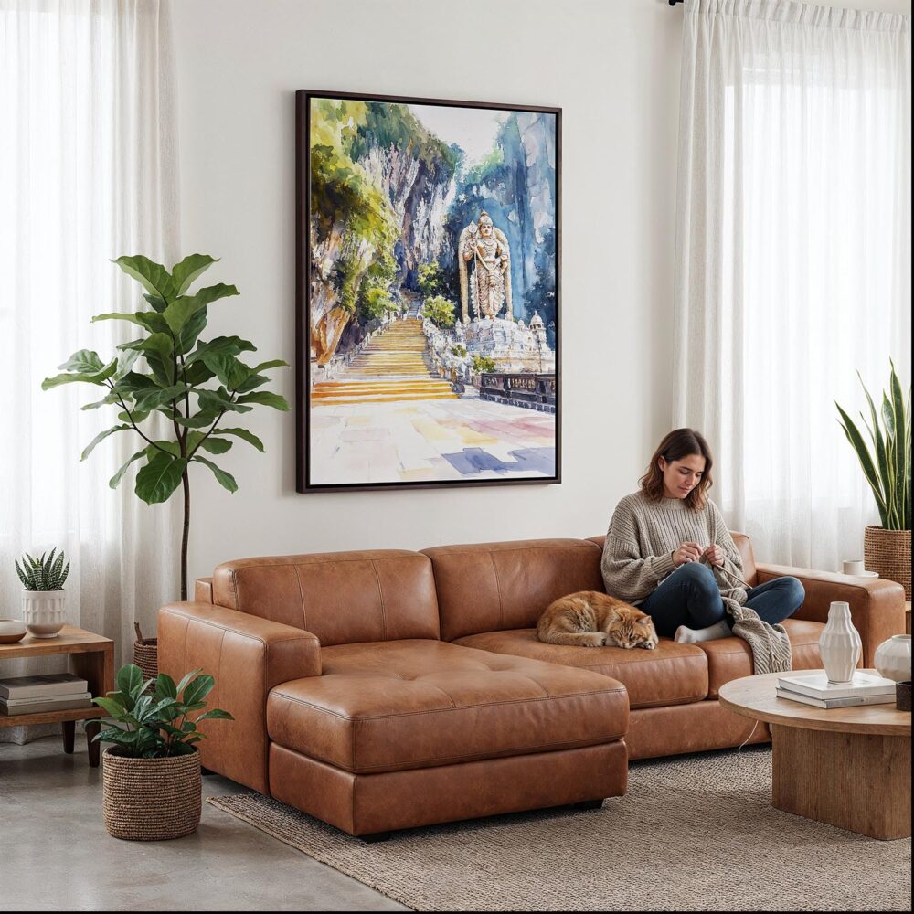 04 - Framed Batu Caves Watercolor Canvas Print - Woman Knitting on leather couch - Vertical.jpg 04 - Framed Batu Caves Watercolor Canvas Print - Woman Knitting on leather couch - Vertical.jpg