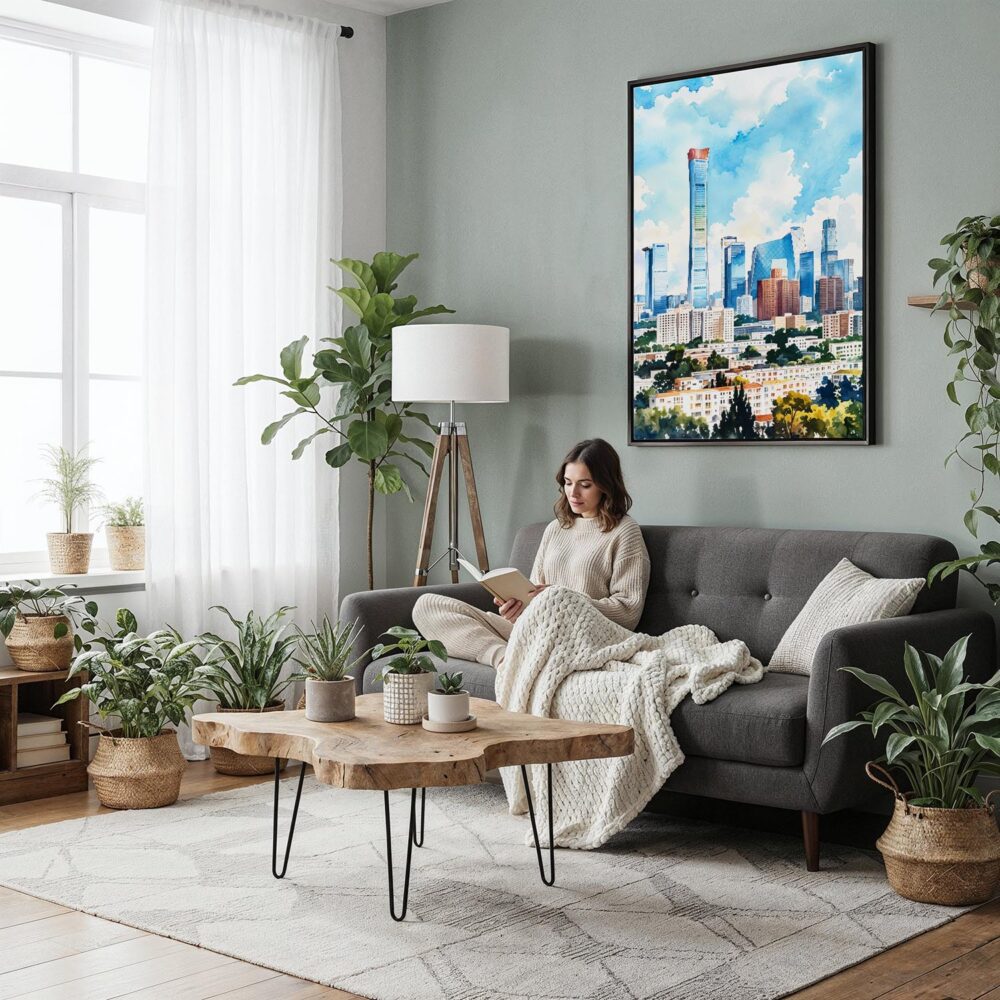04 - Framed Beijing Skyline Watercolor Canvas Print - Woman reading in Boho Living Room - Vertical.jpg 04 - Framed Beijing Skyline Watercolor Canvas Print - Woman reading in Boho Living Room - Vertical.jpg