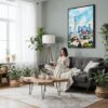04 - Framed Beijing Skyline Watercolor Canvas Print - Woman reading in Boho Living Room - Vertical.jpg
