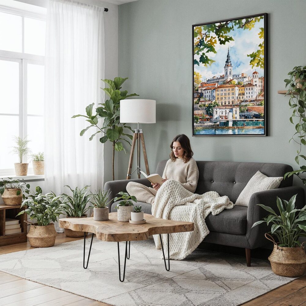 04 - Framed Belgrade Watercolor Canvas Print - Woman reading in Boho Living Room - Vertical.jpg 04 - Framed Belgrade Watercolor Canvas Print - Woman reading in Boho Living Room - Vertical.jpg