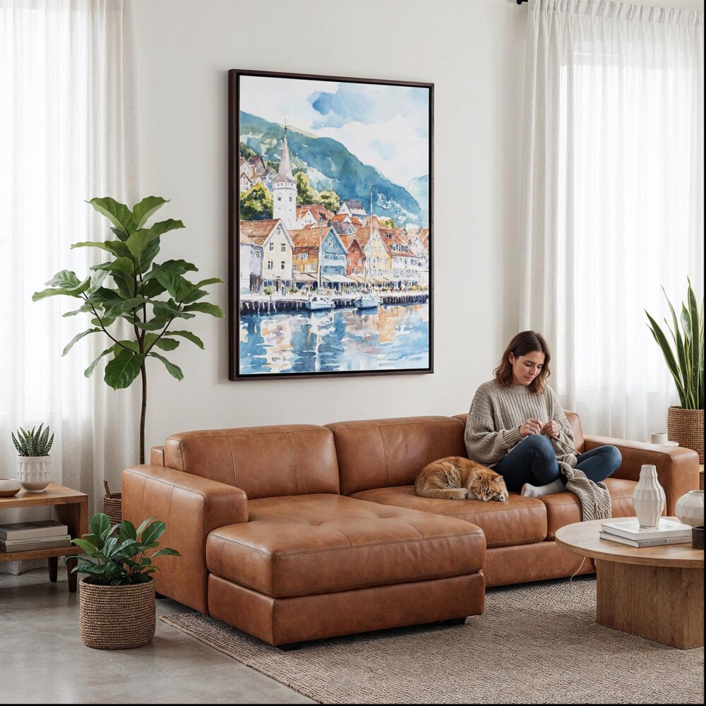 04 - Framed Bergen Norway Waterfront Watercolor Canvas Print - Woman Knitting on leather couch - Vertical.jpg 04 - Framed Bergen Norway Waterfront Watercolor Canvas Print - Woman Knitting on leather couch - Vertical.jpg