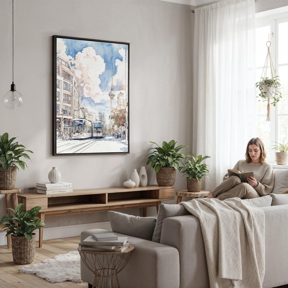 04 - Framed Berlin Watercolor Canvas Print - Woman reading in modern Living Room - Vertical.jpg 04 - Framed Berlin Watercolor Canvas Print - Woman reading in modern Living Room - Vertical.jpg