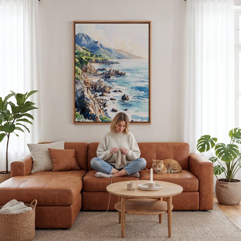 04 - Framed Big Sur California Watercolor Canvas Print - Woman Knitting - Vertical.jpg 04 - Framed Big Sur California Watercolor Canvas Print - Woman Knitting - Vertical.jpg