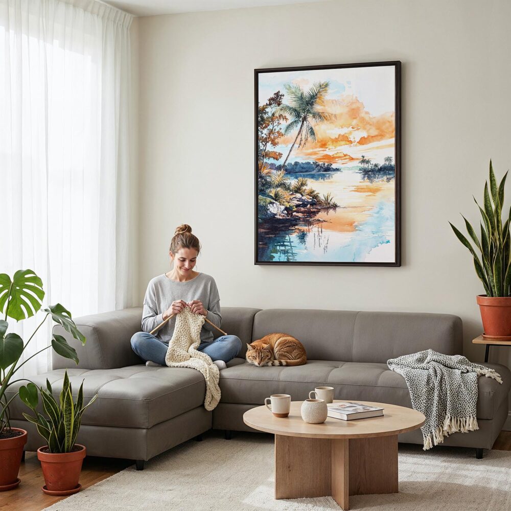 04 - Framed Biscayne National Park Watercolor Canvas Print - Woman Knitting on grey couch - Vertical.jpg 04 - Framed Biscayne National Park Watercolor Canvas Print - Woman Knitting on grey couch - Vertical.jpg