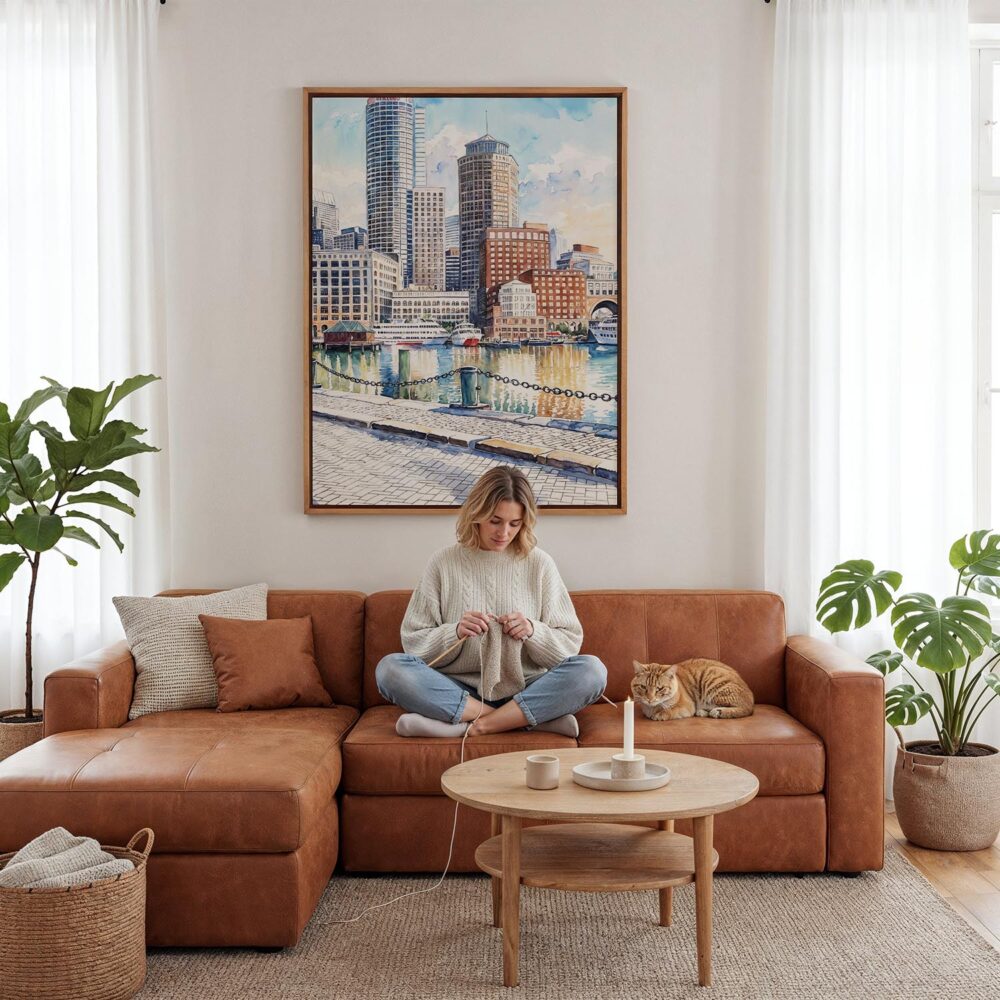 04 - Framed Boston Harbor Watercolor Canvas Print - Woman Knitting - Vertical.jpg 04 - Framed Boston Harbor Watercolor Canvas Print - Woman Knitting - Vertical.jpg