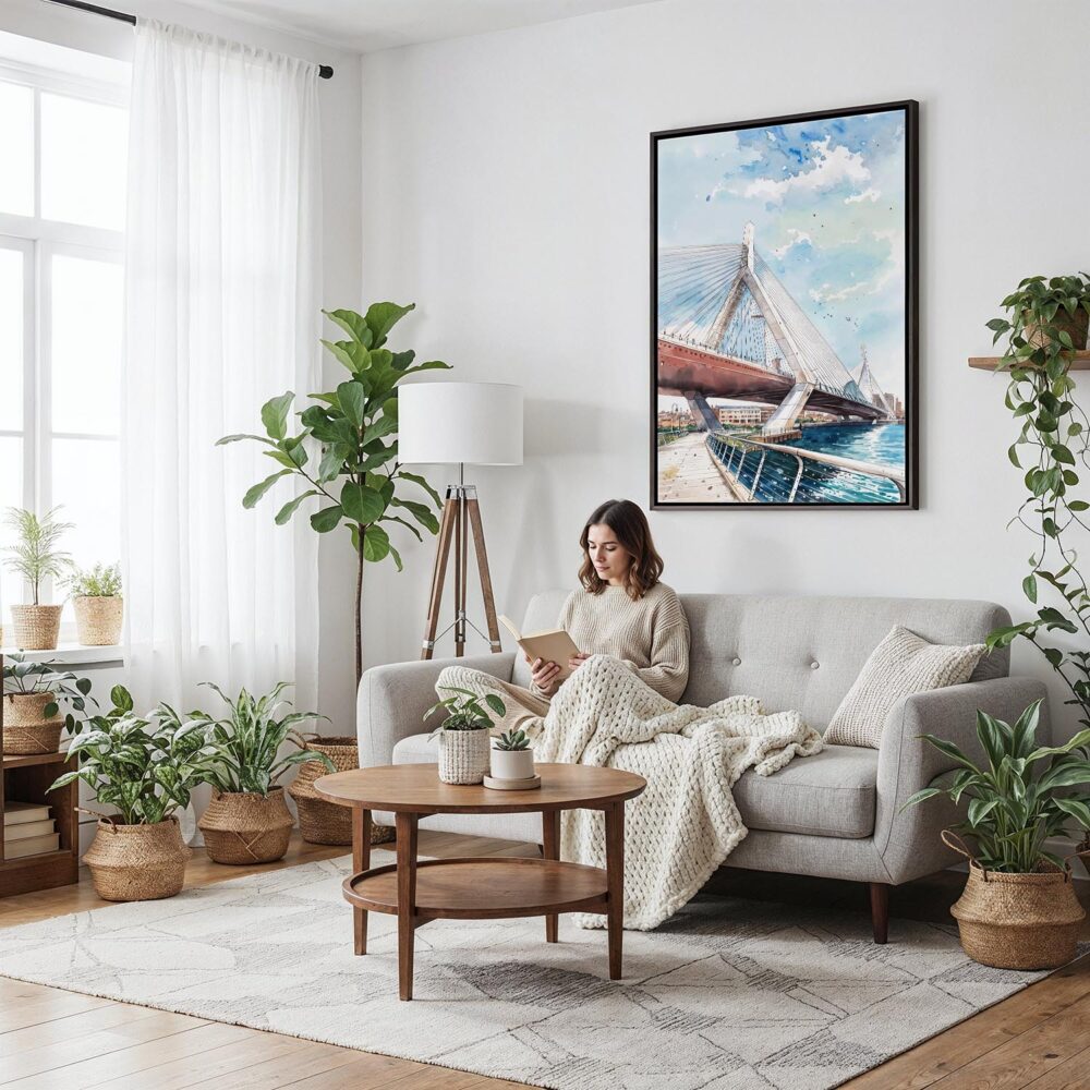 04 - Framed Boston Zakim Bridge Watercolor Canvas Print - Woman reading on couch - Vertical.jpg 04 - Framed Boston Zakim Bridge Watercolor Canvas Print - Woman reading on couch - Vertical.jpg