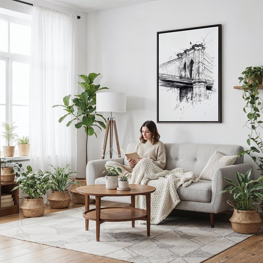 04 - Framed Brooklyn Bridge - Pencil Drawing Canvas Print - Woman reading on couch - Vertical.jpg 04 - Framed Brooklyn Bridge - Pencil Drawing Canvas Print - Woman reading on couch - Vertical.jpg