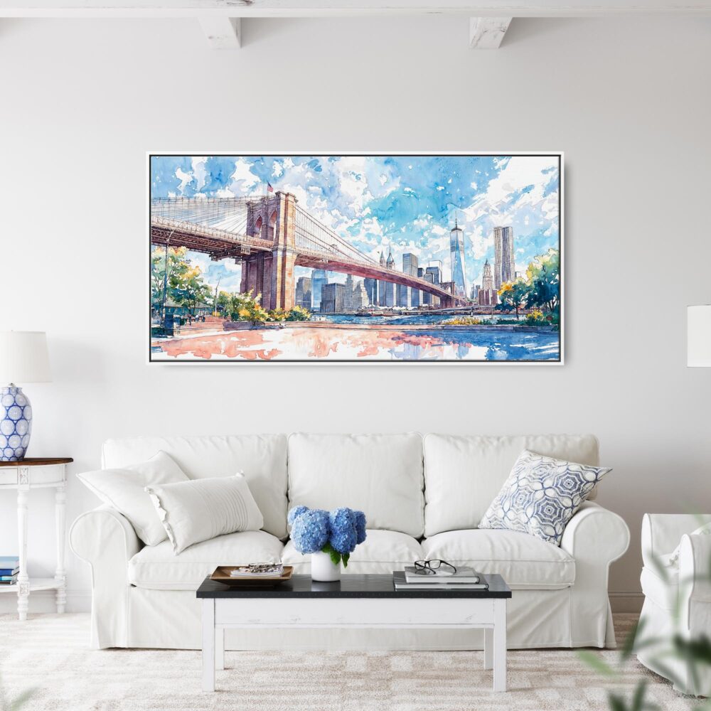 04 - Framed Brooklyn Bridge Watercolor Panorama Canvas Print - Coastal Living Room.jpg 04 - Framed Brooklyn Bridge Watercolor Panorama Canvas Print - Coastal Living Room.jpg