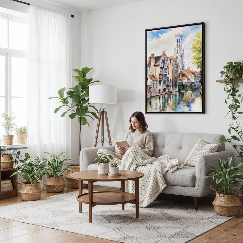 04 - Framed Bruges Belgium Watercolor Canvas Print - Woman reading on couch - Vertical.jpg 04 - Framed Bruges Belgium Watercolor Canvas Print - Woman reading on couch - Vertical.jpg