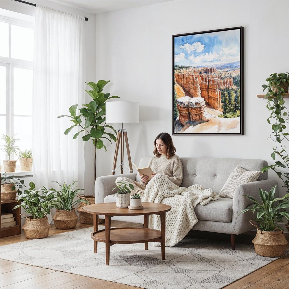 04 - Framed Bryce Canyon Watercolor Canvas Print - Woman reading on couch - Vertical.jpg 04 - Framed Bryce Canyon Watercolor Canvas Print - Woman reading on couch - Vertical.jpg