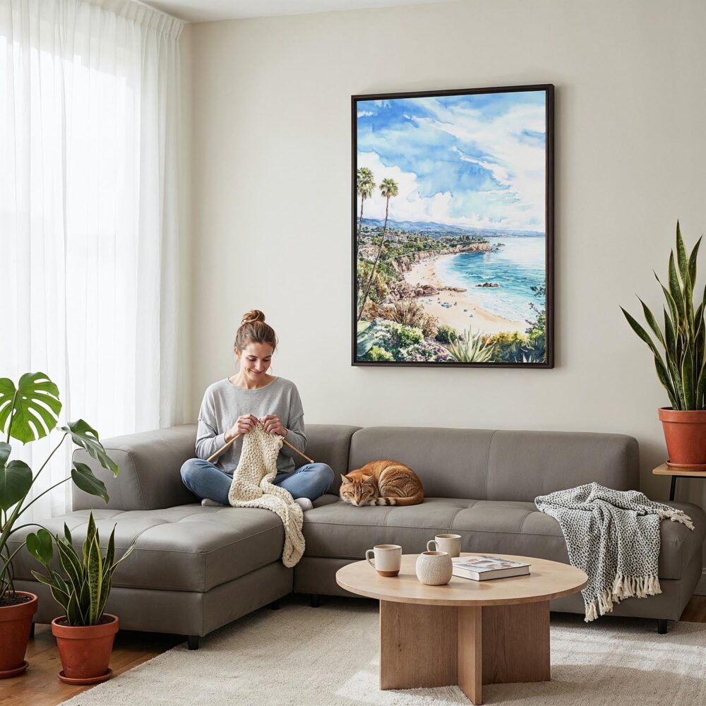 04 - Framed California Laguna Beach Watercolor Canvas Print - Woman Knitting on grey couch - Vertical.jpg 04 - Framed California Laguna Beach Watercolor Canvas Print - Woman Knitting on grey couch - Vertical.jpg