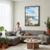 04 - Framed California Laguna Beach Watercolor Canvas Print - Woman Knitting on grey couch - Vertical.jpg