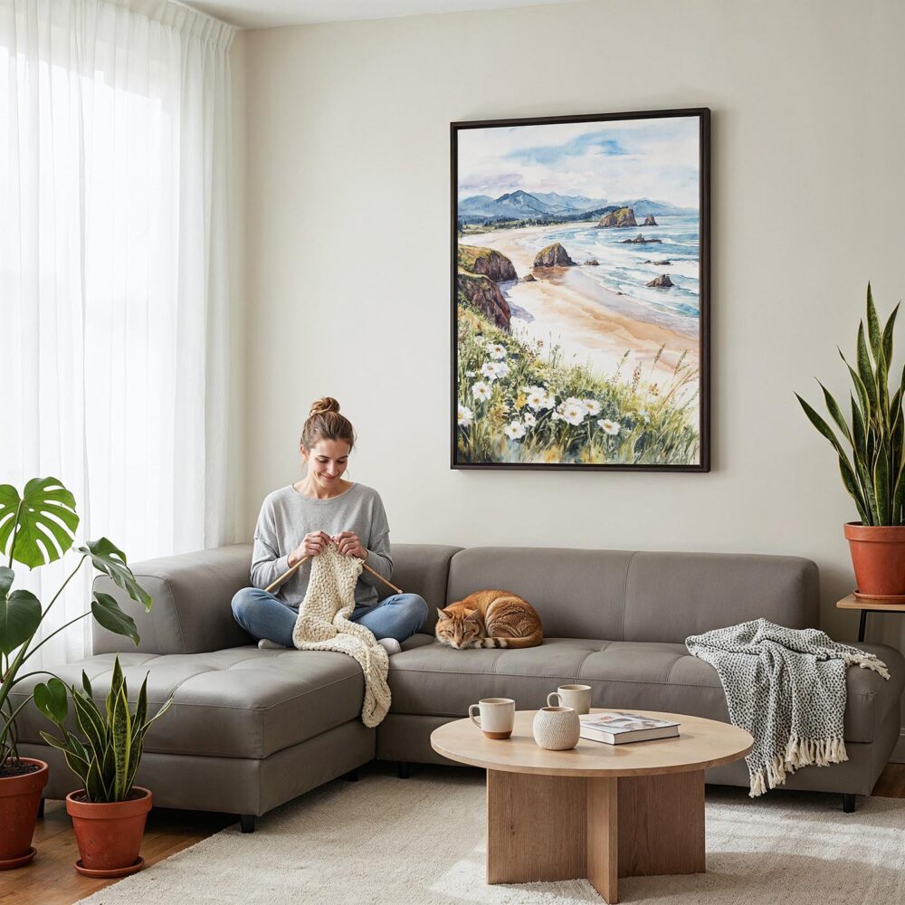 04 - Framed Cannon Beach Oregon Watercolor Canvas Print - Woman Knitting on grey couch - Vertical.jpg 04 - Framed Cannon Beach Oregon Watercolor Canvas Print - Woman Knitting on grey couch - Vertical.jpg