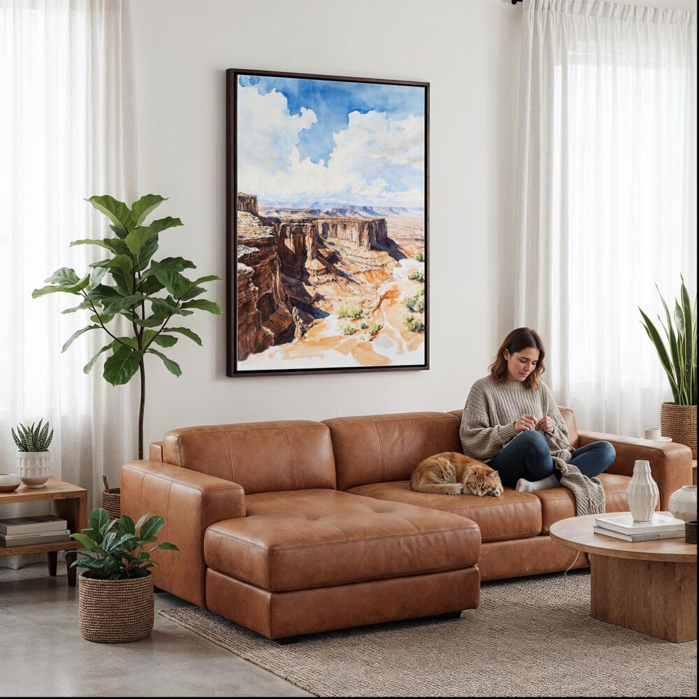 04 - Framed Canyonlands National Park Watercolor Canvas Print - Woman Knitting on leather couch - Vertical.jpg 04 - Framed Canyonlands National Park Watercolor Canvas Print - Woman Knitting on leather couch - Vertical.jpg