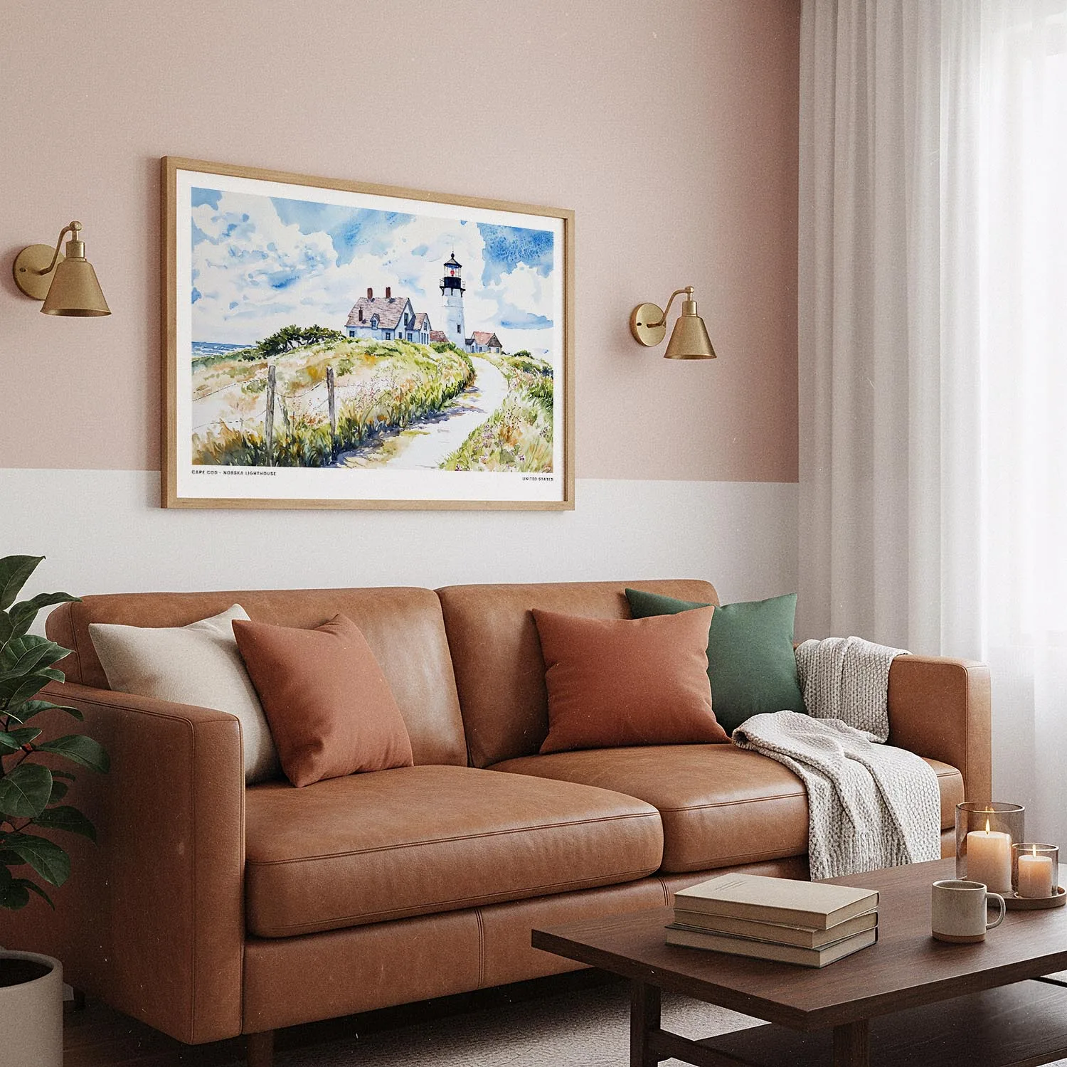 04 - Framed Cape Cod Nobska Lighthouse Watercolor - Horizontal Art Print hanging in Boho Living Room.jpg