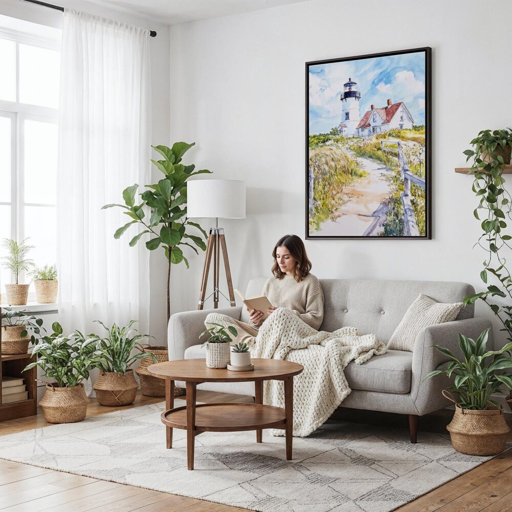 04 - Framed Cape Cod Nobska Watercolor Canvas Print - Woman reading on couch - Vertical.jpg 04 - Framed Cape Cod Nobska Watercolor Canvas Print - Woman reading on couch - Vertical.jpg