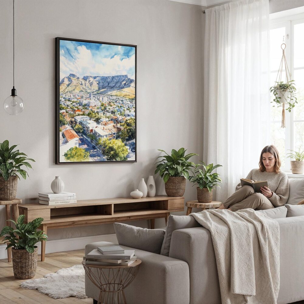 04 - Framed Cape Town Watercolor Canvas Print - Woman reading in modern Living Room - Vertical.jpg 04 - Framed Cape Town Watercolor Canvas Print - Woman reading in modern Living Room - Vertical.jpg