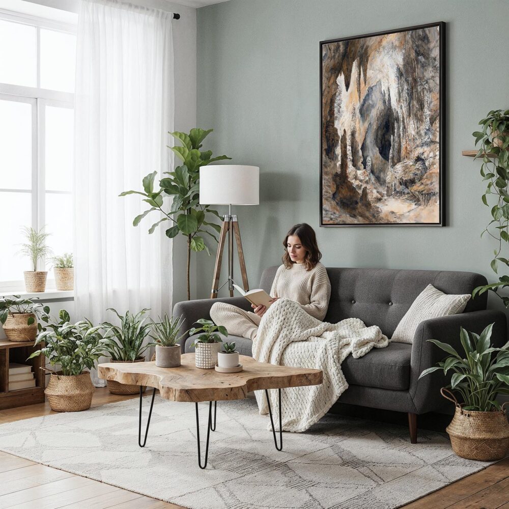 04 - Framed Carlsbad Caverns Watercolor Canvas Print - Woman reading in Boho Living Room - Vertical.jpg 04 - Framed Carlsbad Caverns Watercolor Canvas Print - Woman reading in Boho Living Room - Vertical.jpg