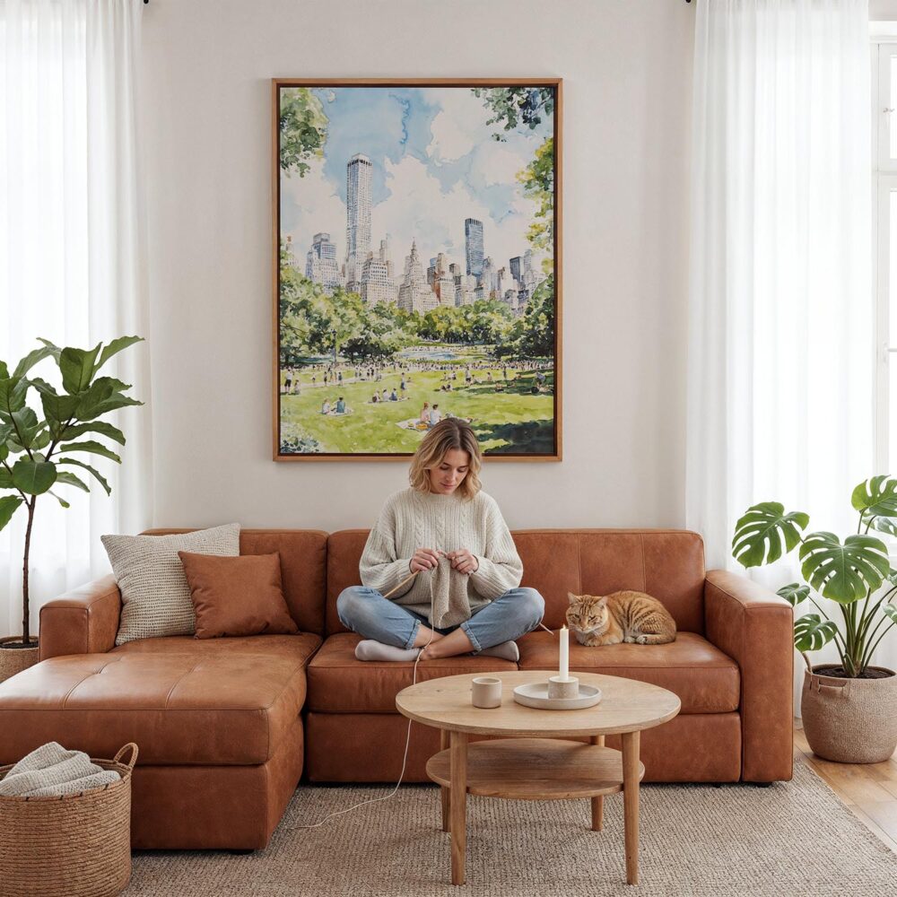 04 - Framed Central Park New York Watercolor Canvas Print - Woman Knitting - Vertical.jpg 04 - Framed Central Park New York Watercolor Canvas Print - Woman Knitting - Vertical.jpg