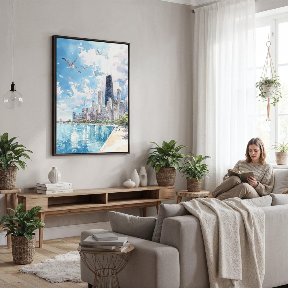 04 - Framed Chicago Skyline Watercolor Canvas Print - Woman reading in modern Living Room - Vertical.jpg 04 - Framed Chicago Skyline Watercolor Canvas Print - Woman reading in modern Living Room - Vertical.jpg